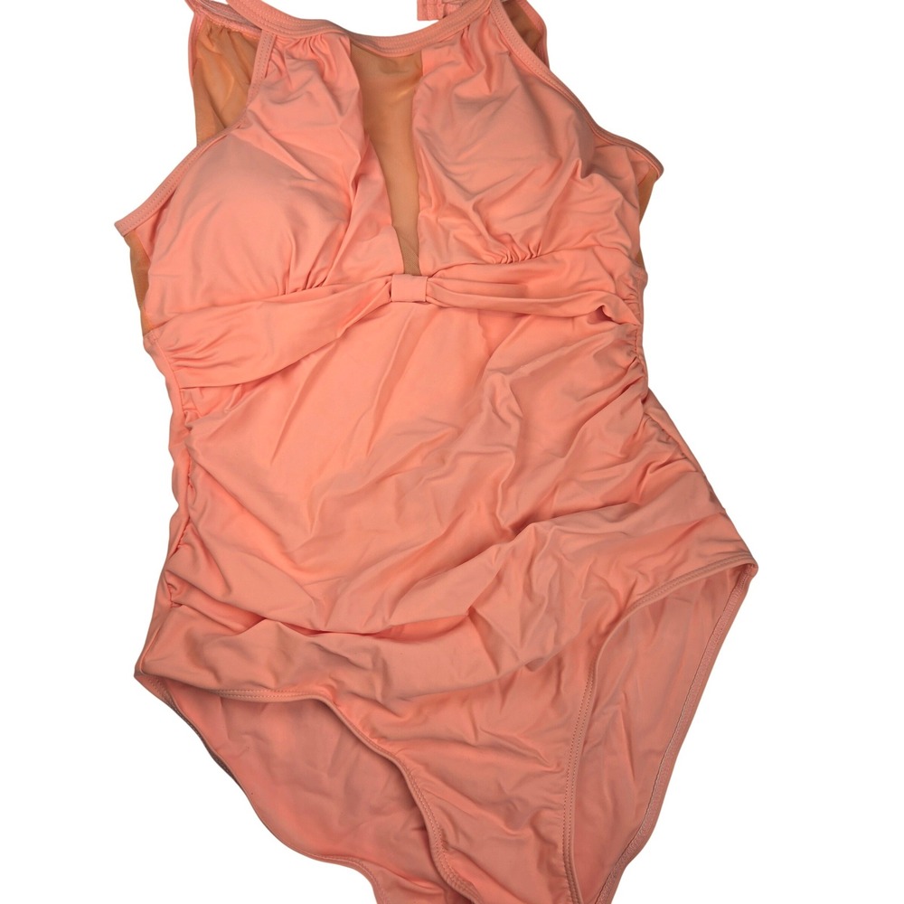 I2CRAZY One Piece Swimsuit Womens M Orange Ruched Mesh Cutout Chic Beach 449 NWT